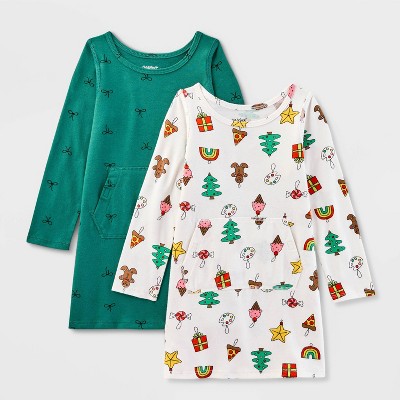Cat & Jack - Brandclub - Toddler Girls' Adaptive 2pk Holiday Long  Sleeve Dress - Cat & Jack™ Cream/Dark Green 3T