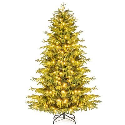 Tangkula Pre-Lit Artificial Christmas Tree Hinged Full Xmas Tree w/ PVC & Soft TPE Branch Tips