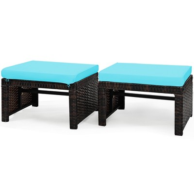 Turquoise Cushioned Rattan Patio Ottoman Set with Steel Frame
