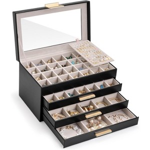 2-Tier Earring Storage Box with Glass Top, Drawer and Grid Organizer for Women, White - 1 of 4