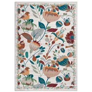 Coolmee Washable Large Rug for Bedroom Non Slip, Soft Boho Vintage Flower Birds Distressed Throw Carpet for Dinning Room Playroom, Black - 1 of 4