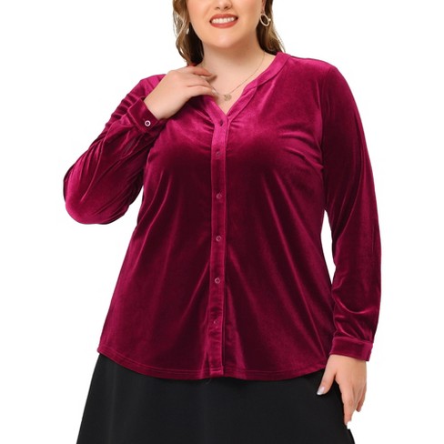 Agnes Orinda Women's Plus Size Velvet Top Long Sleeve V Neck Button Down  Shirts Burgundy 1X