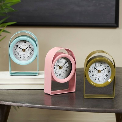 Set of 3 Multicolor Metal Analog Table Clocks with Arched Stands