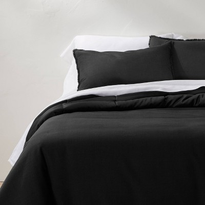 Full/Queen Heavyweight Linen Blend Comforter u0026 Sham Set Washed Black -  Casaluna™