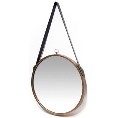 Round Brass Metal Frame Mirror with Leather Strap