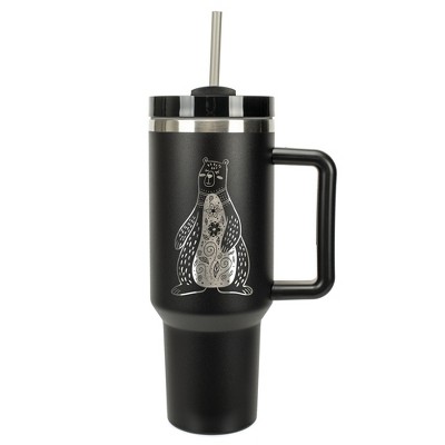 Elanze Designs 40 Ounce Travel Tumbler With Straw and Lid Stainless Steel Double Wall Insulated Whimsical Floral Bear Black