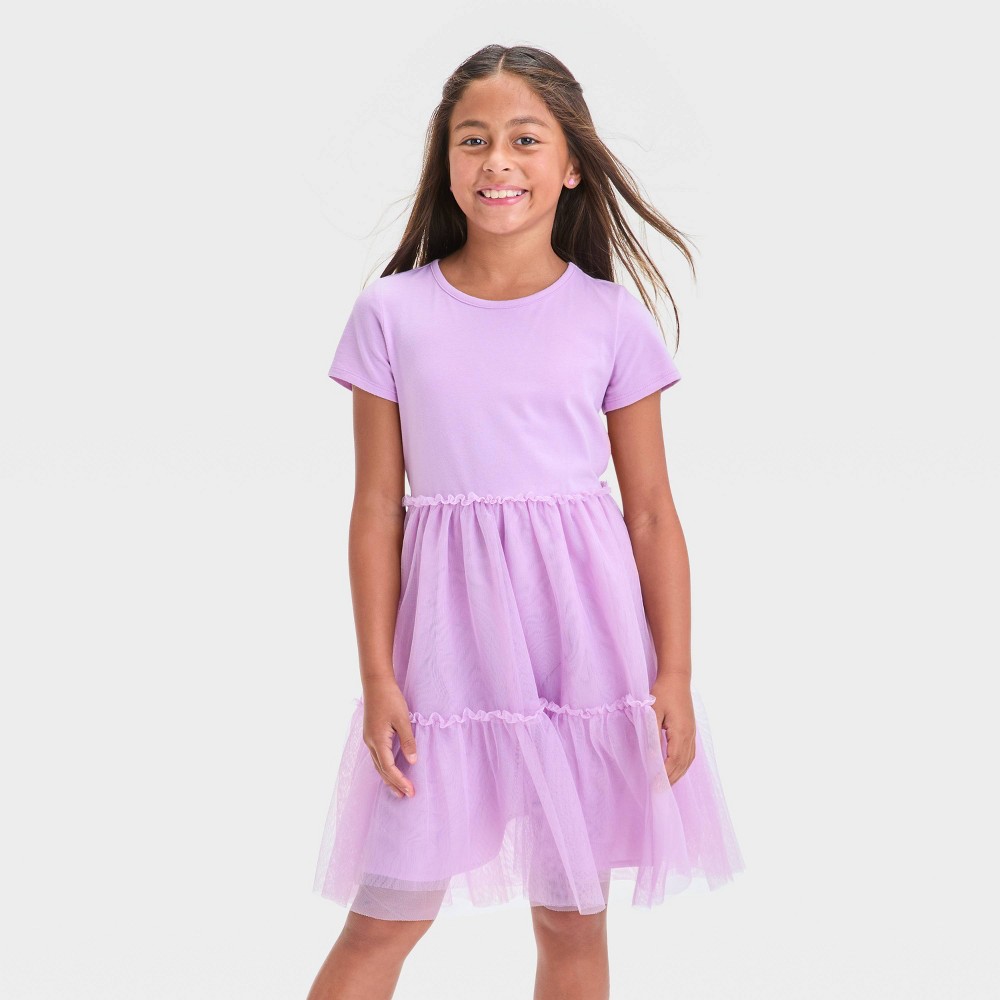 Girls' Short Sleeve Knit Tulle Tiered Dress - Cat & Jack™ Lilac Purple M: Pullover, A-Line