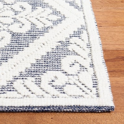 Ivory and Navy Hand-Knotted Wool 6' Square Area Rug
