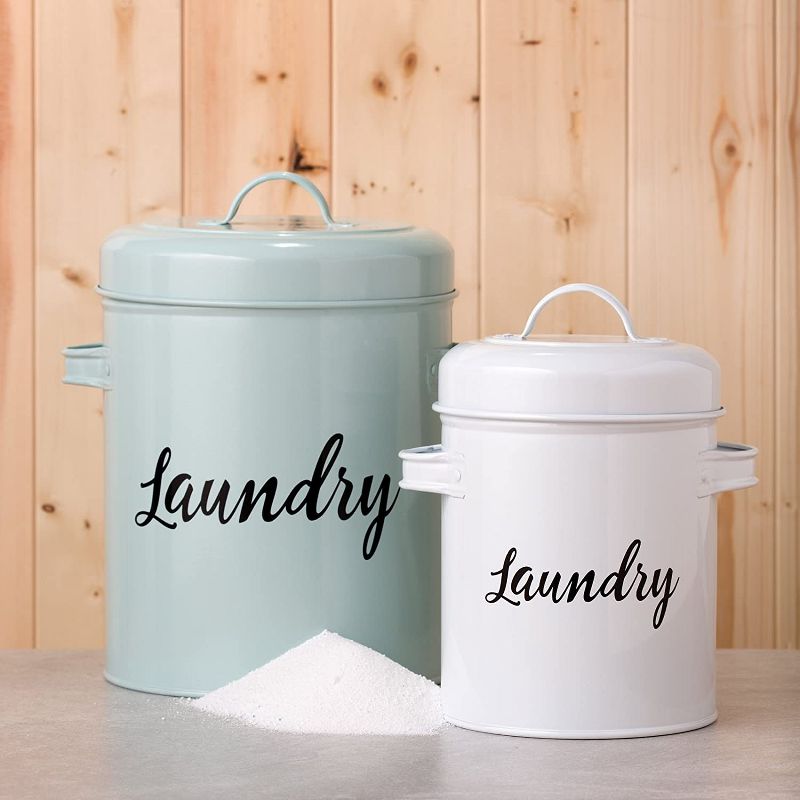 Amici Home Launderette Metal Storage Canister, Round Canister w/ Powder Coat Finish Script Style Lettering, Side Handles & Lid Handle, 2 of 5