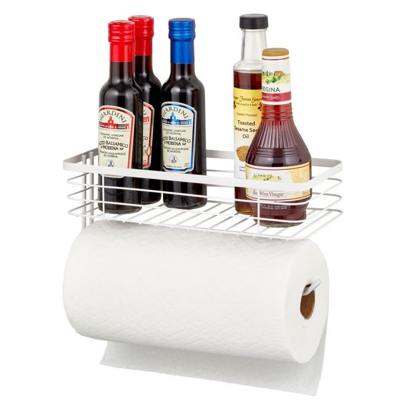 mDesign Steel Horizontal Wall Mounted Paper Towel Holder with Basket, 4 of 9