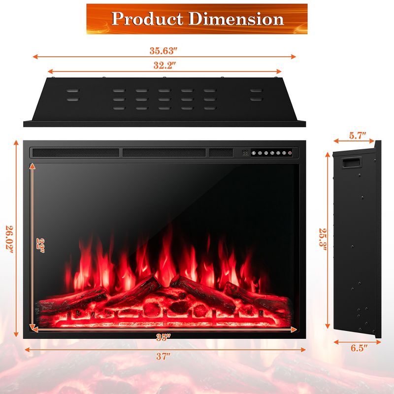 Costway 34''\37''Electric Fireplace Insert Heater Log Flame Effect w/ Remote Control 1500W, 4 of 11