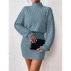 Long Lantern Sleeve Ribbed Knit Sweater Dress, Turtle Neck Bodycon Mini Pullover Dress for Women, Fall and Winter Fashion Light Blue - 2 of 4
