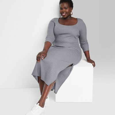 Women's Long Sleeve Rib Knit Midi Dress - Wild Fable™ Slate Gray