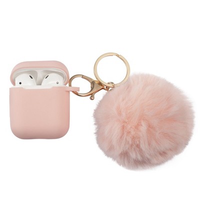 Insten Cute Case Compatible with AirPods 1 & 2 - Fluffy Pom Pom Protective Silicone Cover with Keychain, Pink