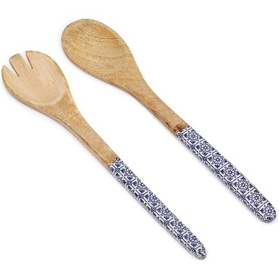 Juvale 2 Pack Wooden Kitchen Utensil Set with Rounded Fork & Solid Spoon, Floral Design, 12 in.