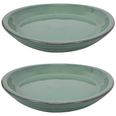 Sunnydaze Outdoor/Indoor High-Fired Glazed UV and Frost-Resistant Ceramic Flower Pot Planter Saucers - 9" Diameter - Seafoam - 2-Pack