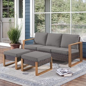 POCASSY 75" Wide Outdoor Sofa Outdoor Furniture Sets, All-Weather Brown Wicker Rattan Outdoor Couch with Ottomans and Cushions for Porch Balcony - 1 of 4