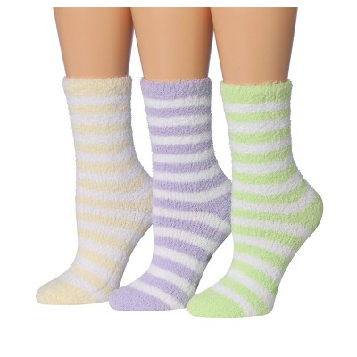 Tipi Toe Women's 3-Pairs Cozy Microfiber Anti-Skid Striped Patterned Soft Fuzzy Crew Socks