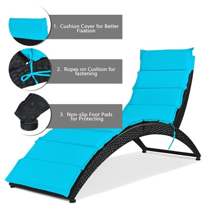 Turquoise Cushioned Folding Rattan Chaise Lounge Chairs, Set of 2