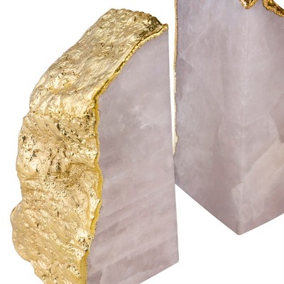 Elegant Rose Quartz and Gold Gilded Bookends, Set of 2