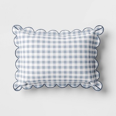 14"x20" Gingham Scalloped Edge Outdoor Lumbar Pillow Slate Blue - Threshold™ designed with Studio McGee