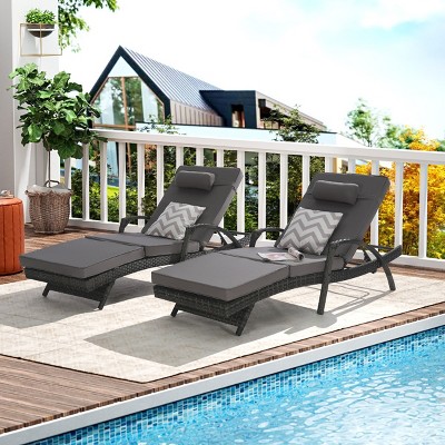 Outdoor Patio Chaise Lounges, Patio Adjustable Recliner up to 150° with Removable Cushions, Armrest Wicker Long Reclining Chaise-Coolbibila