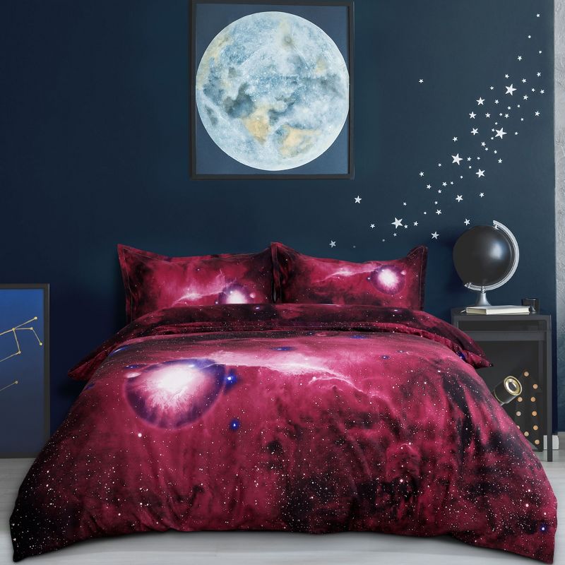 PiccoCasa Polyester Galaxy Sky Cosmos Night Pattern 3D Printed Duvel Cover Sets 4 Pcs with 2 Pillowcases Queen Red, 2 of 9