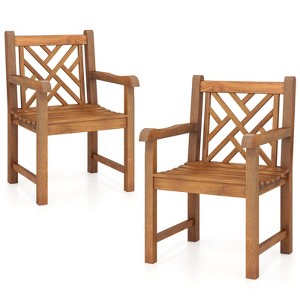 Tangkula 2 PCS Teak Wood Patio Dining Chair Outdoor Armchair w/ Slatted Seat & Solid Legs - 1 of 4