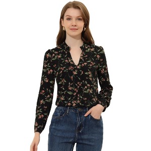 Allegra K Women's Floral Print Split V Neck Office Long Sleeve Blouse - 1 of 4