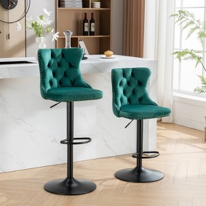 Gulches Set of 2 Green Swivel Velvet Barstools Adjustable 25 to 33 Inches 18 Inch Stable Base Tufted Hand Pulled Buttons Cupreous Nailheads - 1 of 4