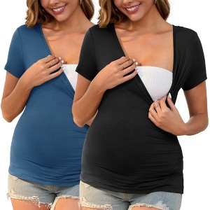 INSPIRE CHIC 2 Pcs Women's Soft Material Faux Wrap Side Ruched Cross V Neck Maternity Top - 1 of 4
