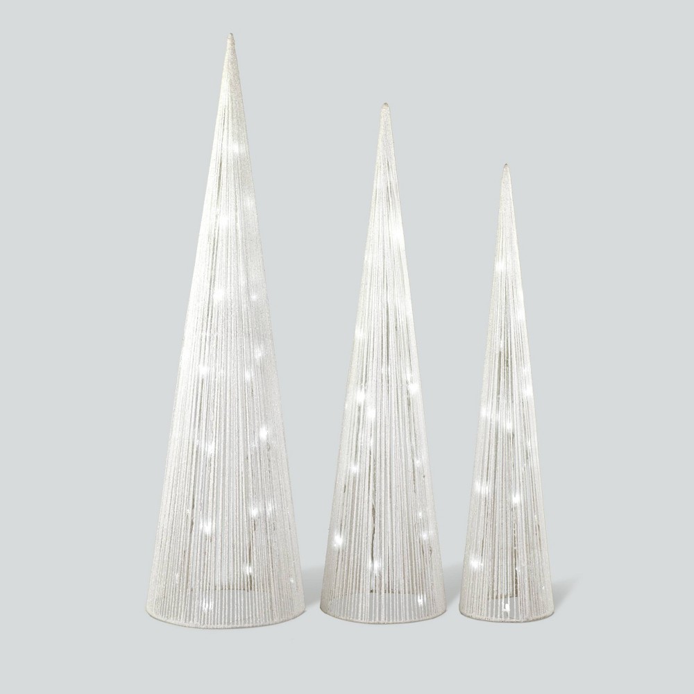 Philips 3pk Glitter String Cone Trees Christmas LED Novelty Sculpture Pure White