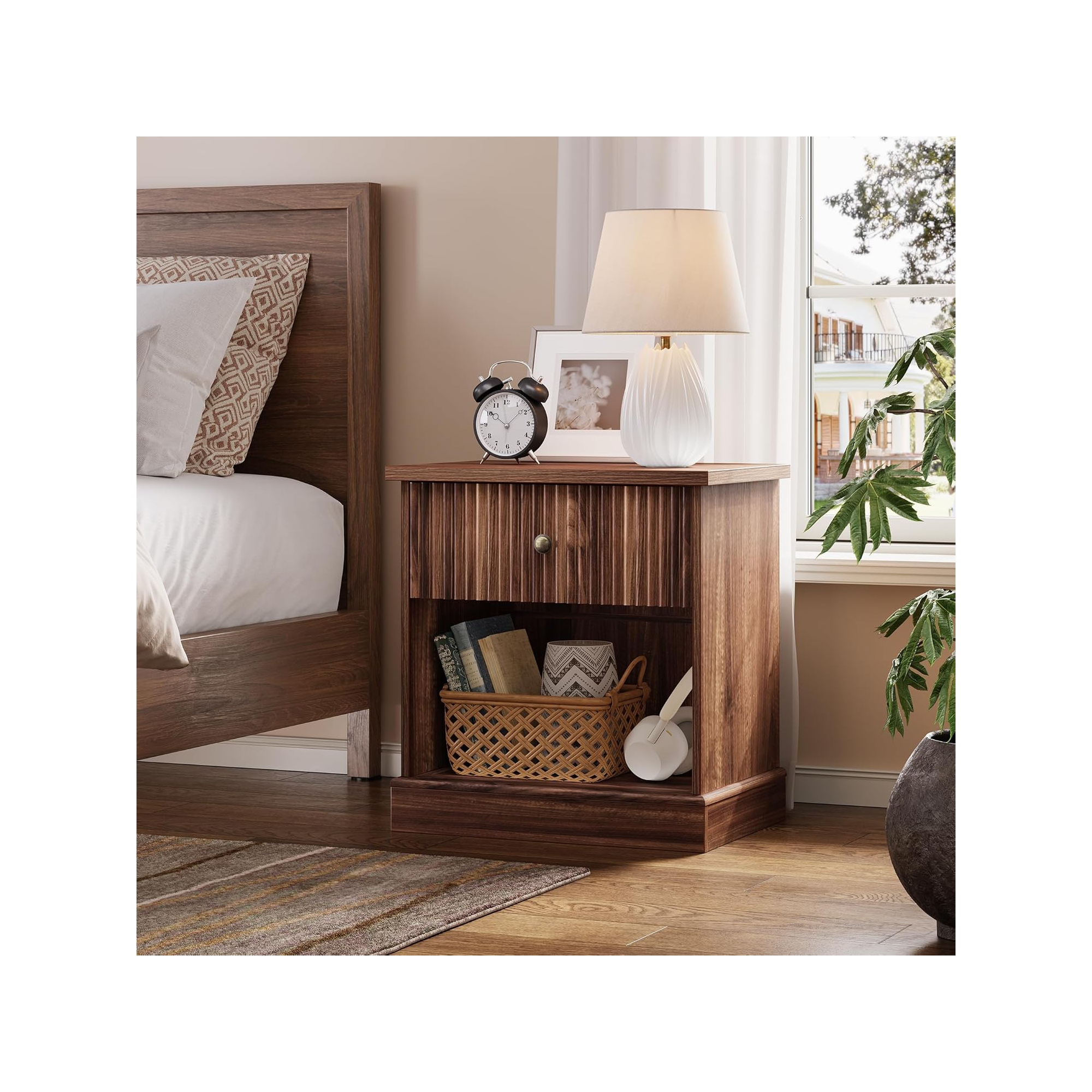 Wooden Nightstand Vintage Style with Sturdy Construction Storage Drawers and Open Shelf 24 x 22.8 x 15.7 Inches Brown