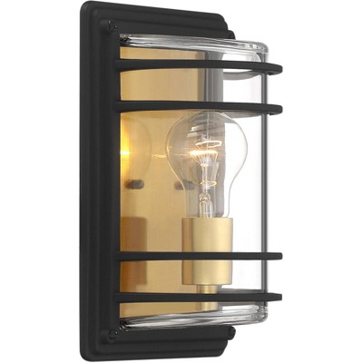 Modern Industrial Black Steel Outdoor Wall Light with Brass Accents