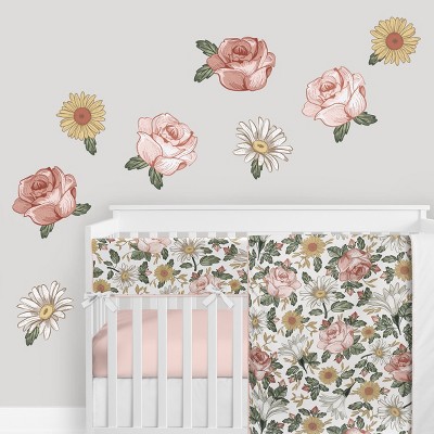 Sweet Jojo Designs Watercolor Floral Peach and Green Collection Peel and Stick Wall Decal Stickers | Set of 4 Sheets
