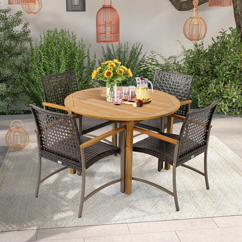 Costway Set of 4 Patio Dining Chairs Outdoor Wicker Armchairs with Acacia Wood Armrests, 2 of 9