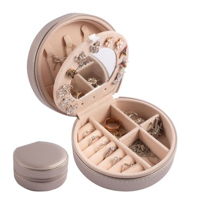 Small Travel Jewelry Organizer Case with Mirror, Storage Box for Rings Earrings Necklaces, Gifts for Women, Metallic