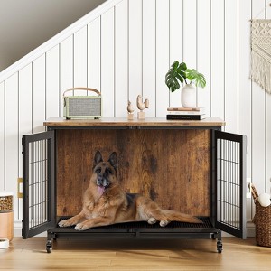 37.5 Inch Dog Crate with Wheels, Pet Puppy Dogs Indoor Furniture Style Wooden Kennel with Multi-Purpose Removable Tray - 1 of 4