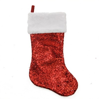 Northlight 20'' Shiny Red and White Faux Fur Cuff Holographic Sequined Christmas Stocking