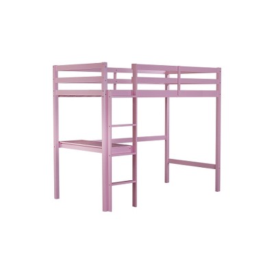 Dolonm Twin High Loft Bed, Rubber Wood Loft Bed with Safety Guardrail, built-in desk, ladder,Pink