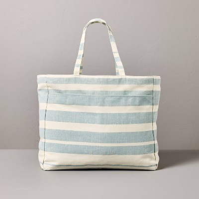 Image of Bold Stripe Canvas Tote Bag Cream/Light Blue/Green - Hearth & Hand™ with Magnolia