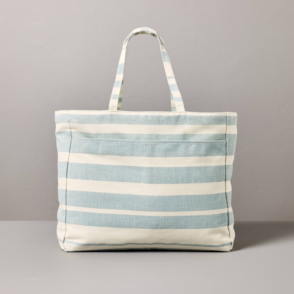 Photos - Travel Accessory Bold Stripe Canvas Tote Bag Cream/Light Blue/Green - Hearth & Hand™ with M