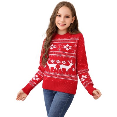 Matching Christmas Sweaters for Family Boys Girls Crew Neck Reindeer Snowflakes Knitted Funny Pullover Sweaters,Red (Kids) - 2XL