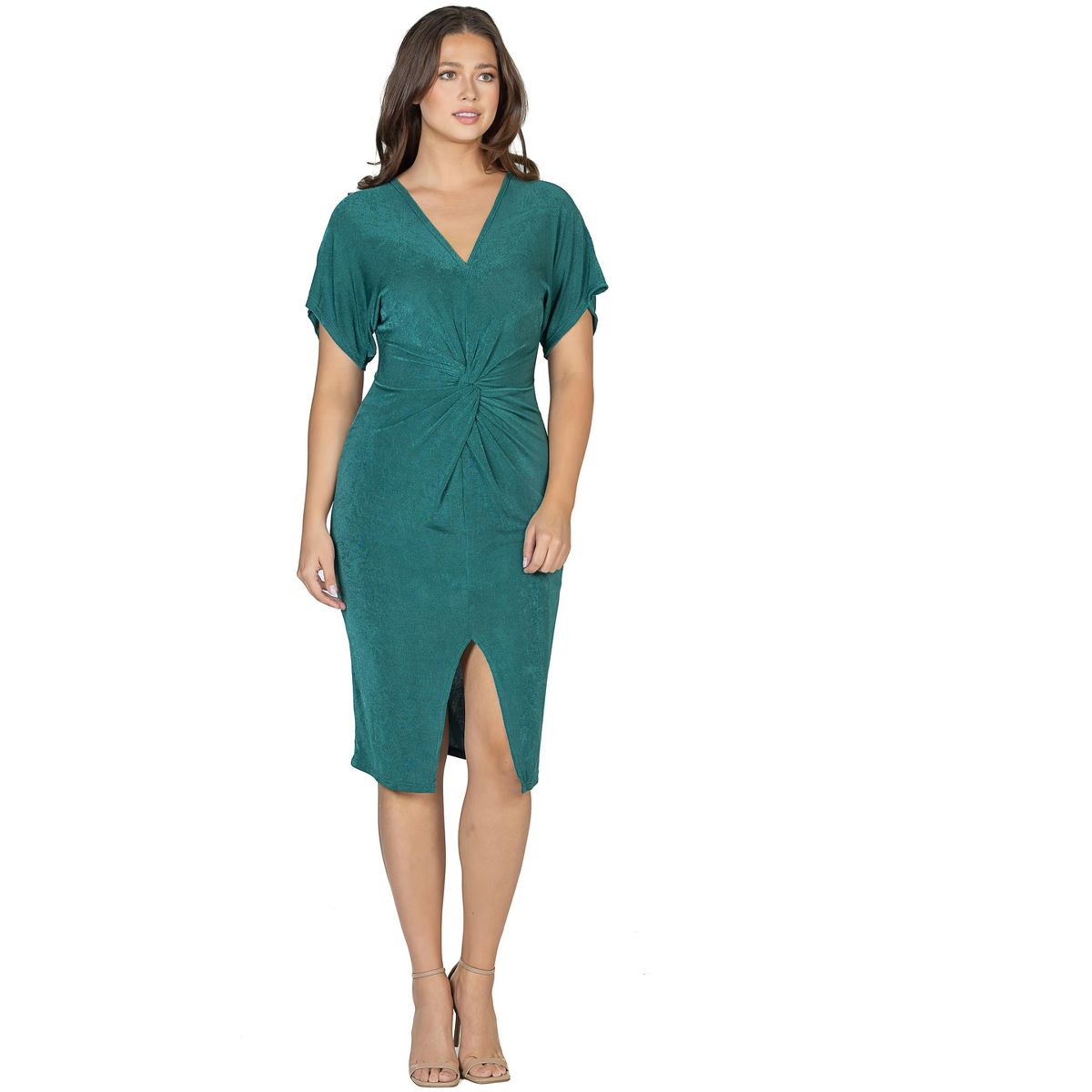 Womens Short Sleeve V-Neck Twist Front Split Hem Knee Length Dress - 24seven Comfort Apparel™ - thumbnail 9