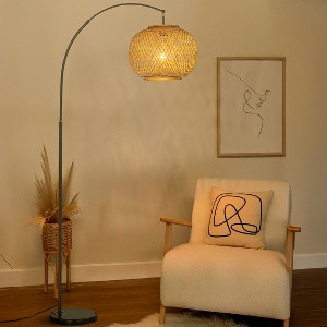 ALOADECOR 75" 1-Light Arc Floor Lamp with Hand-woven Bamboo Shade and Black Marble Base - 1 of 4