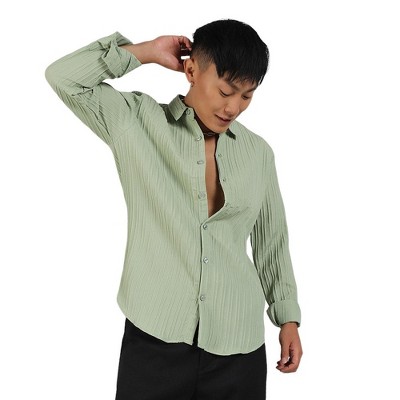 Campus Sutra Men Men's Pistachio Green Self-Design Striped Shirt