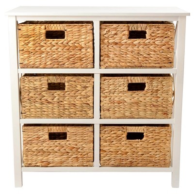 Gray 3 Tier Storage Cabinet with Natural Wicker Baskets