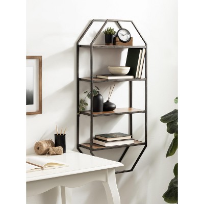 Adela Brown Wood and Metal Octagon Folding Shelf