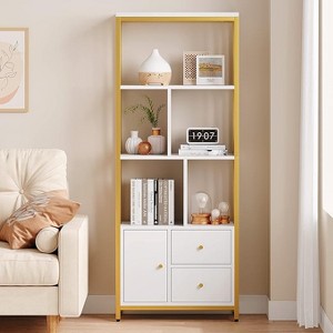 4-Tier Gold Bookshelf w/ 3 Drawers, Bookshelf with Door and Metal Frame, Floor Standing Display Storage Cabinet for Office Living Room - 1 of 4