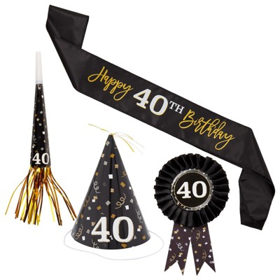 Sparkle and Bash 4 Piece 40th Birthday Party Supplies, Button Pin, Sash, Hat, Blower (Black, Gold)